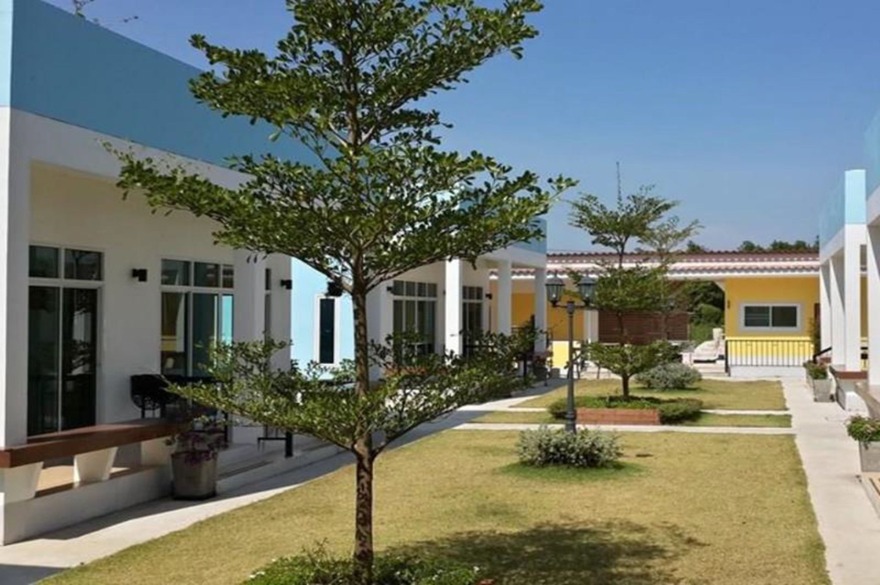 A modern building with a courtyard, featuring a tree and a bench.