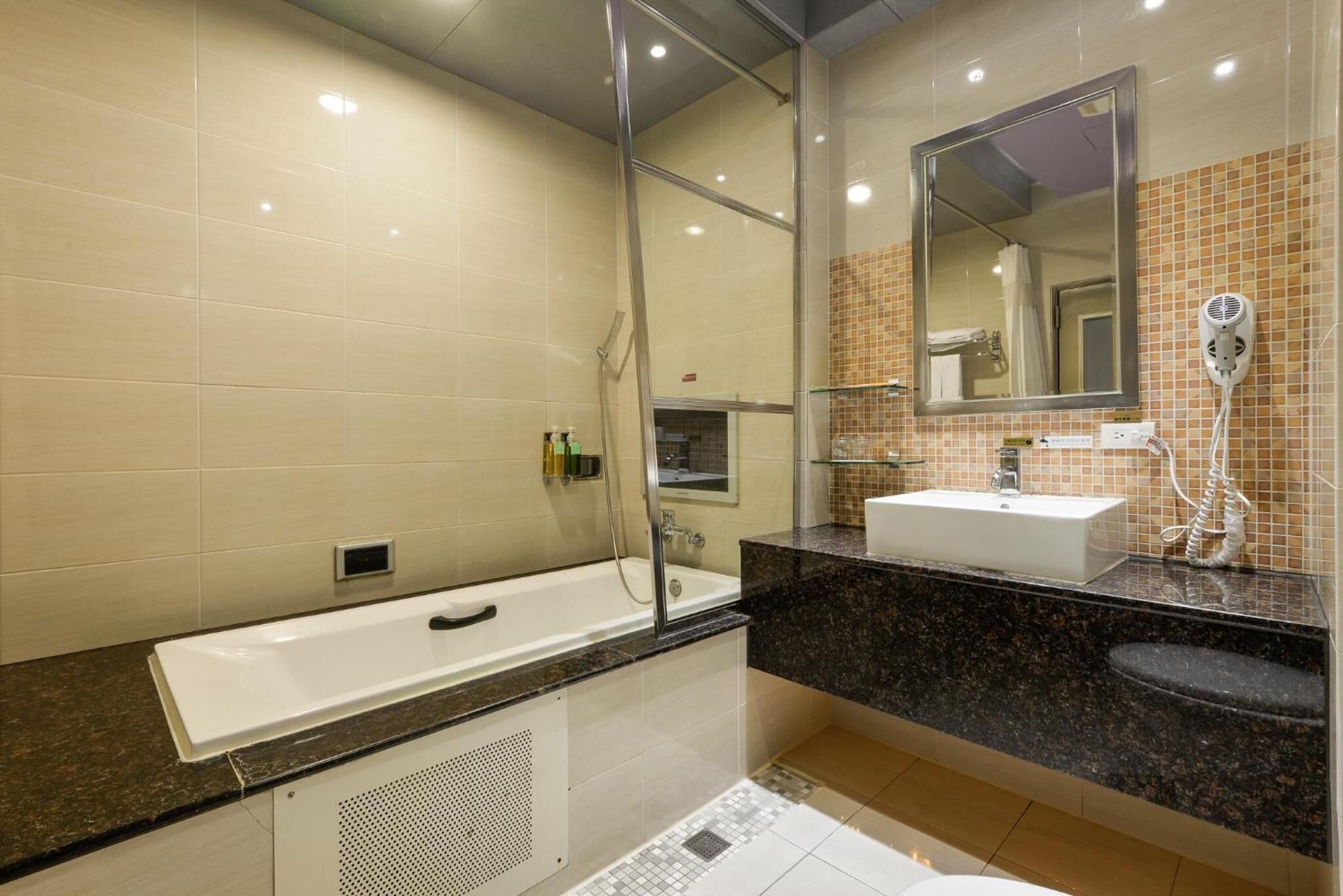 shower, free toiletries, hair dryer, slippers