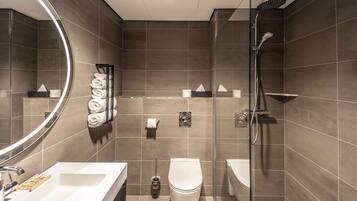 Shower, rainfall showerhead, eco-friendly toiletries, hair dryer