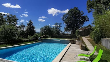 Outdoor pool, pool umbrellas, sun loungers