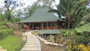 Una casa tradicional con techo verde, rodeada de exuberante vegetación tropical y un sendero de piedra que lleva a la entrada.
