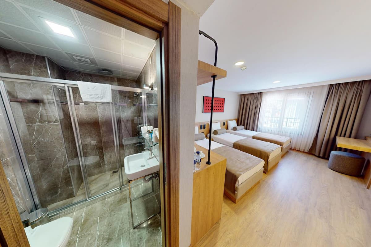Une chambre d’hôtel équipée d’une douche, d’un lavabo, d’un lit, d’une table de chevet et d’une fenêtre avec des rideaux.