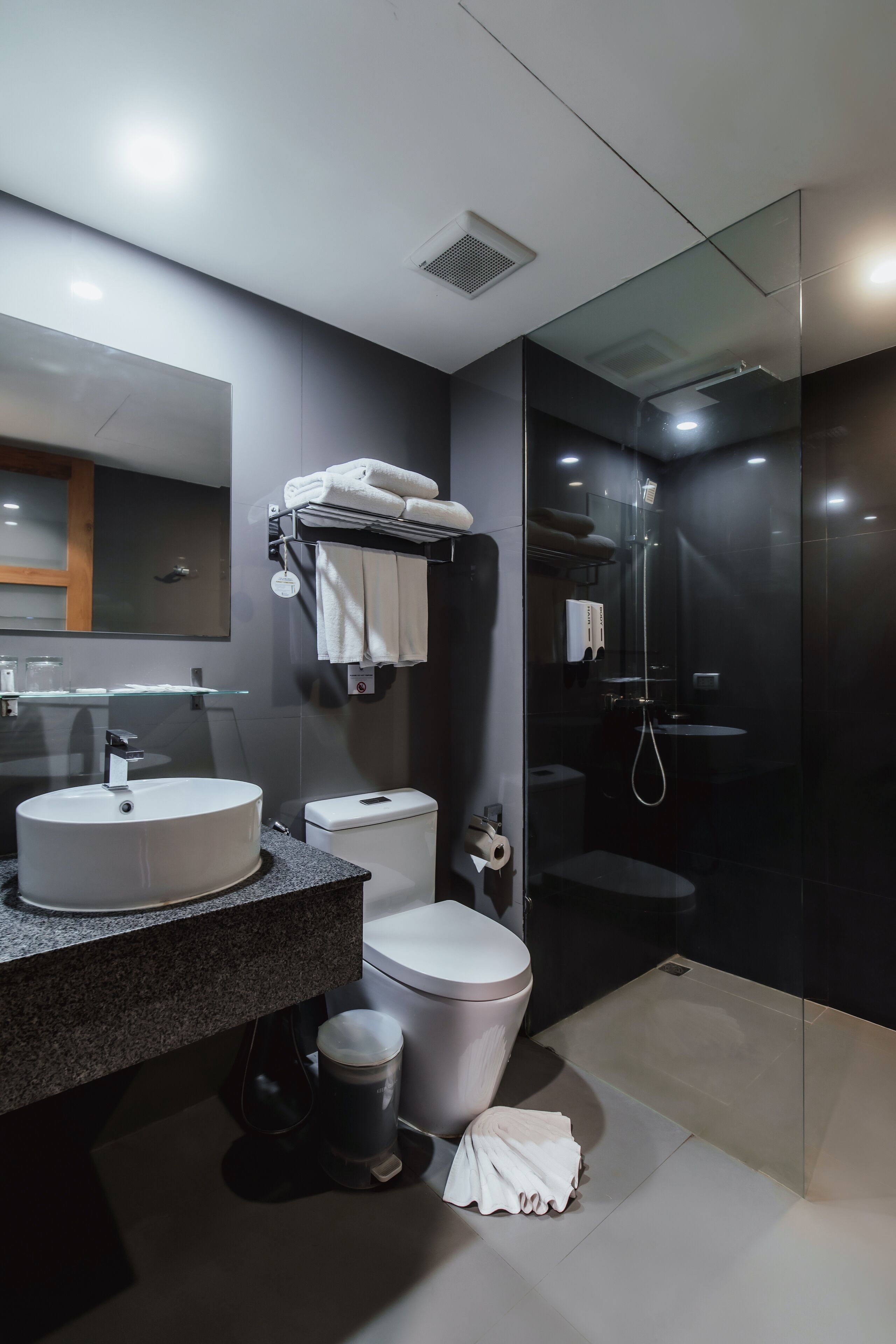 A modern bathroom with a round sink, toilet, and glass-enclosed shower.