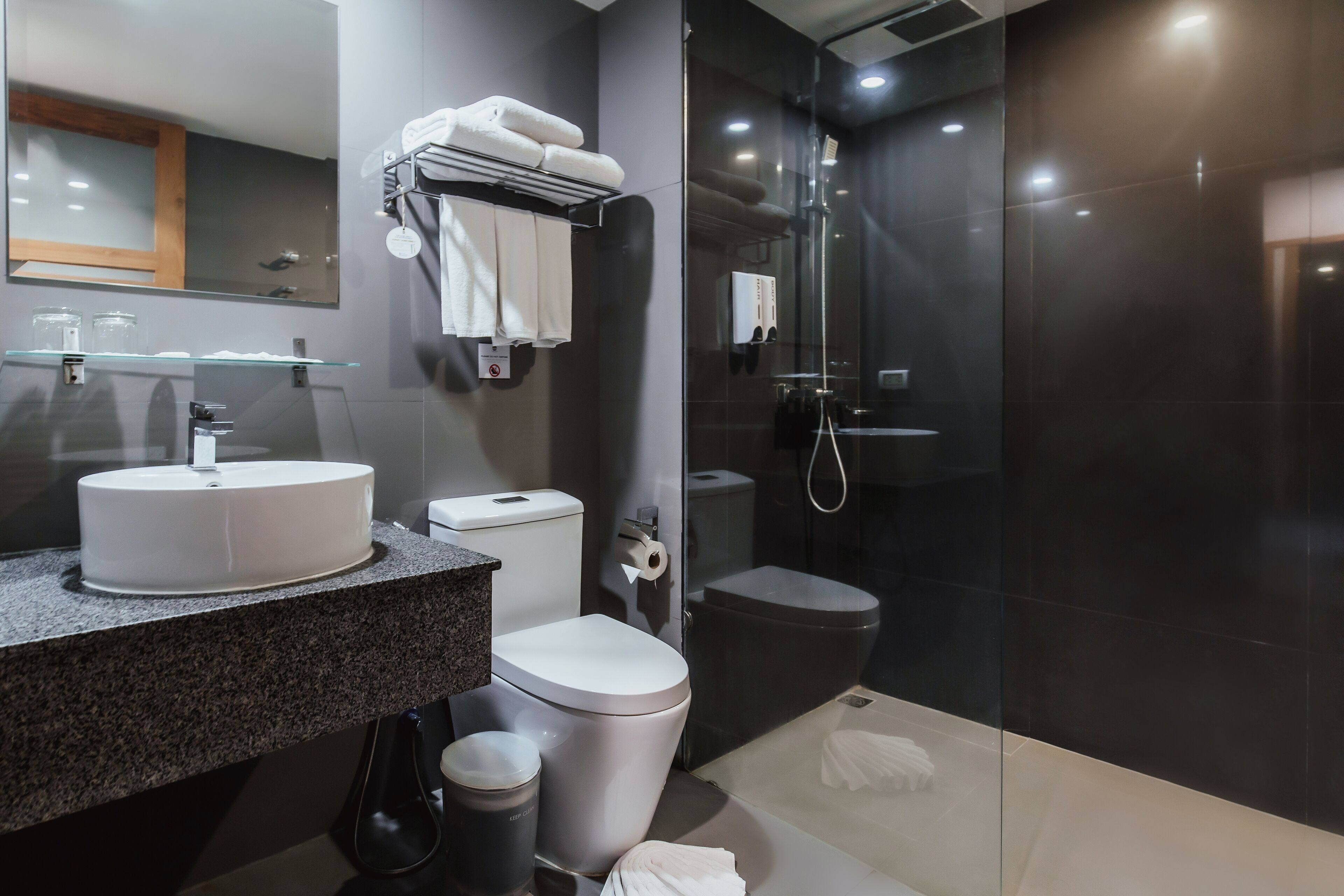 A modern bathroom with a granite countertop, white sink, and a glass shower enclosure.