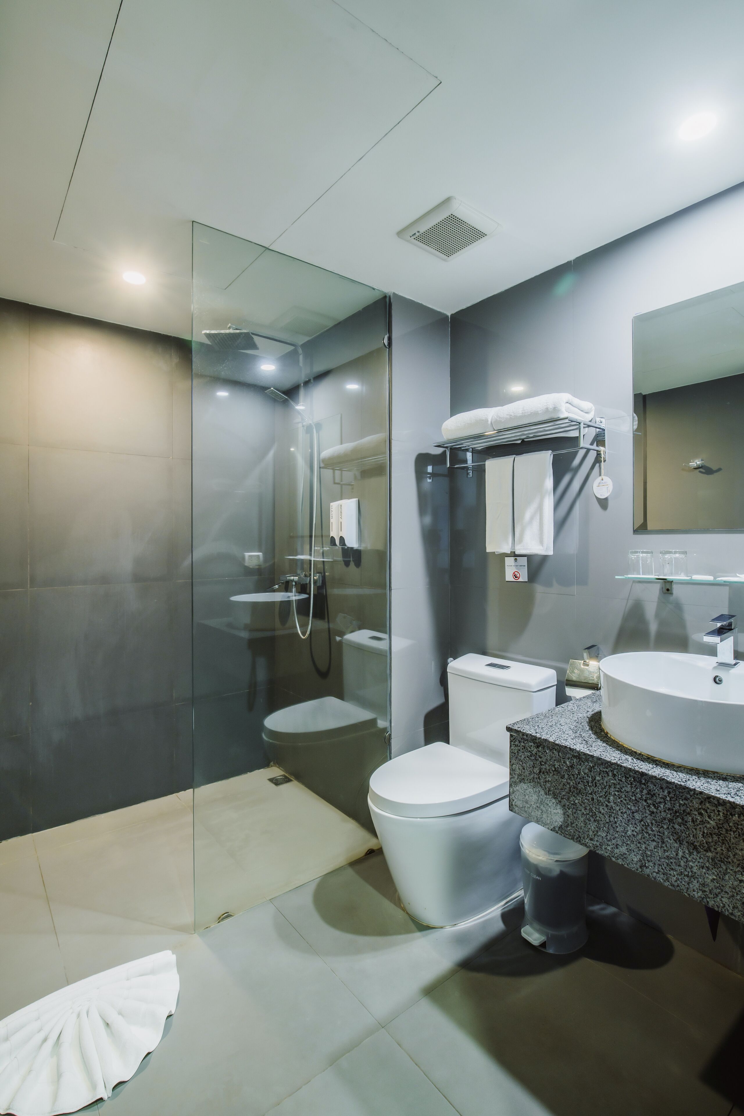 A modern bathroom with a glass shower enclosure, a white toilet, a granite countertop sink, and a mirror above the sink.
