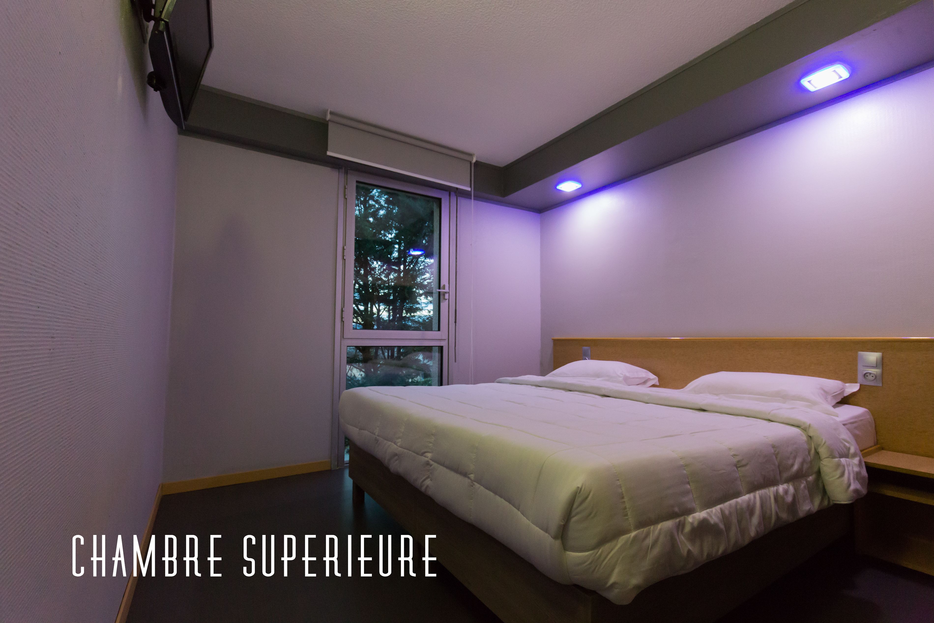 A hotel room with two beds, a window with a view of trees, and a ceiling light.