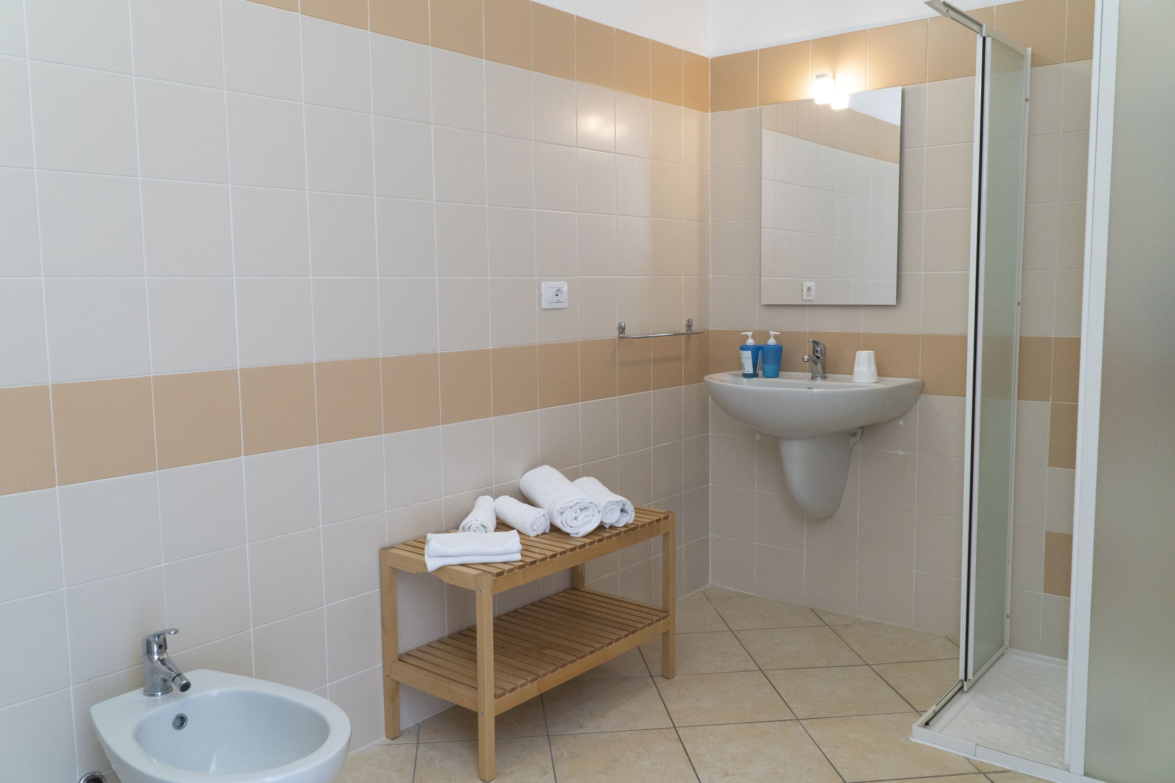 Une salle de bain avec un lavabo, un miroir et une douche.
