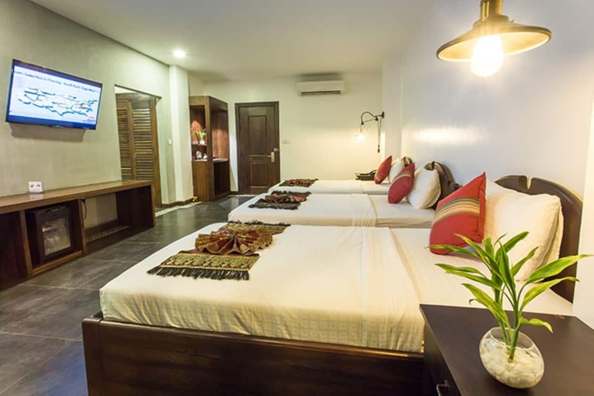 Habitación de hotel con dos camas, televisión, escritorio y planta.