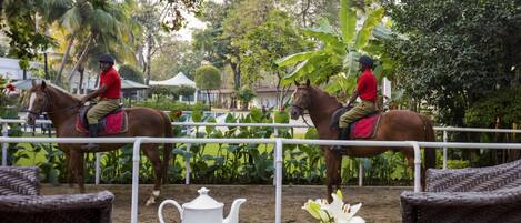 Two people on horseback in an outdoor setting with a dining table in the foreground.