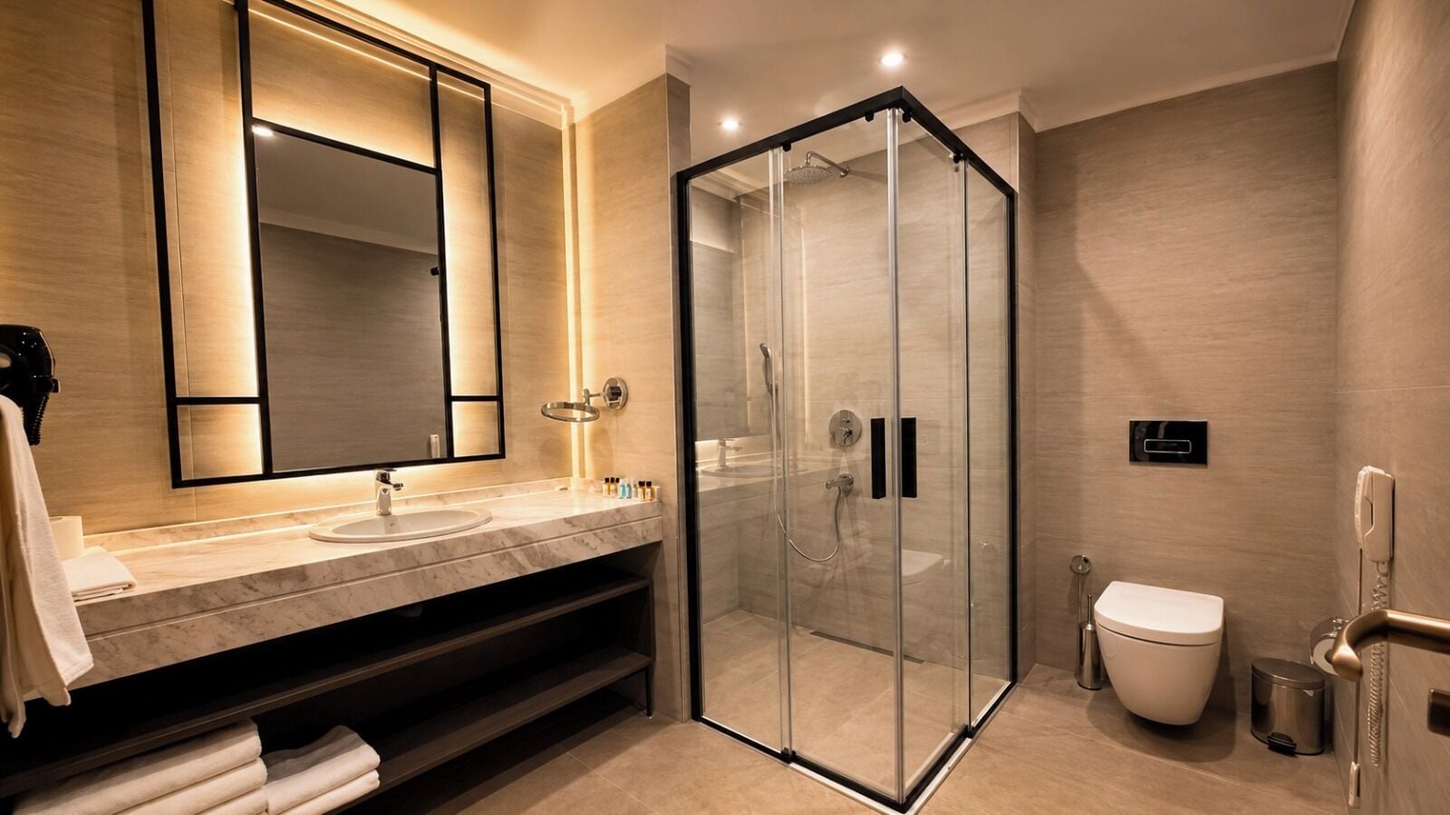 Shower, free toiletries, hair dryer, bathrobes
