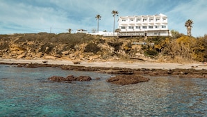 A coastal hotel with a white building, rocky shoreline, clear blue water, and palm trees. - Hotel Boutique Milla de Plata (San Roque)