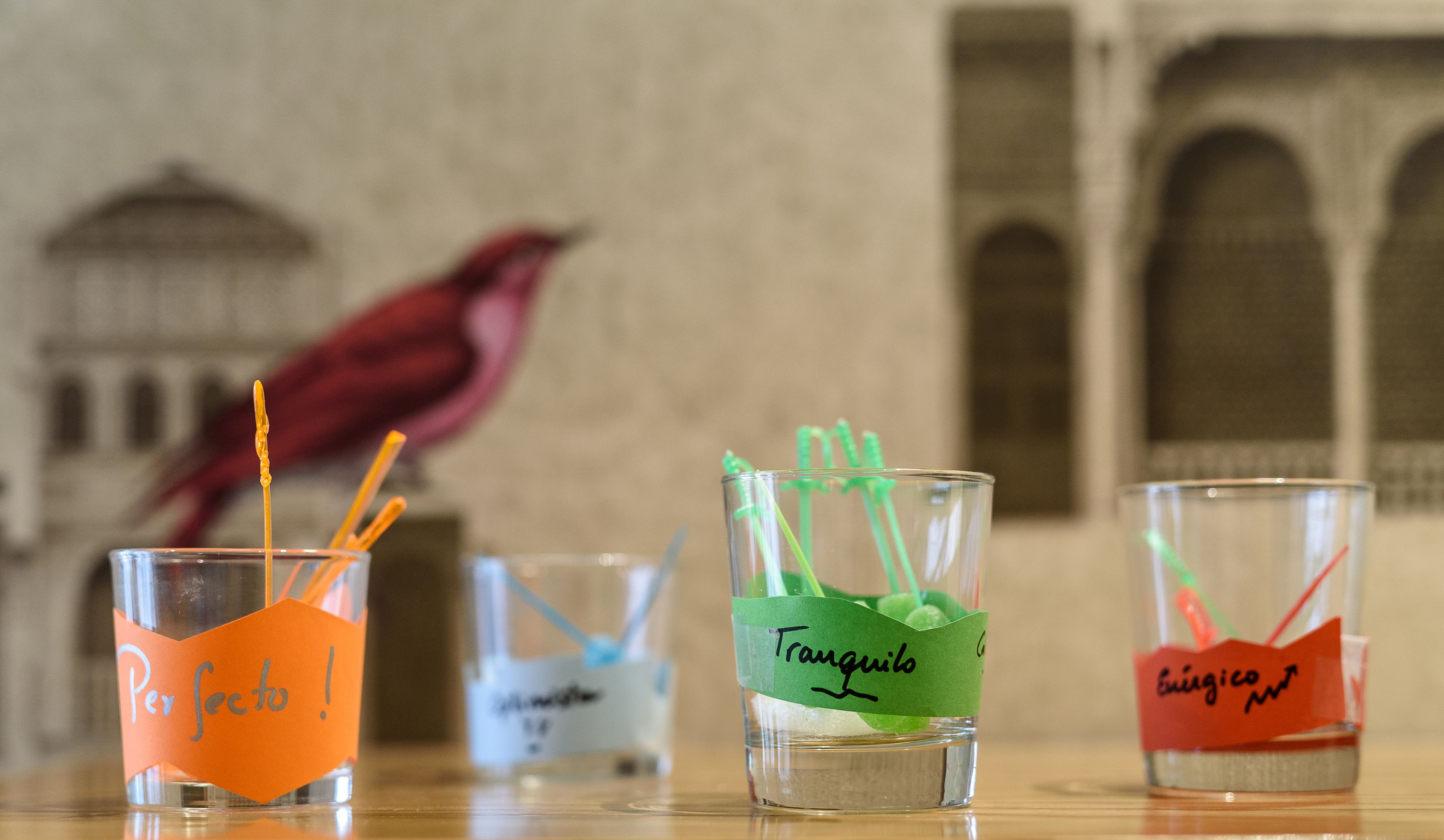 Four glasses with different colored labels and straws, placed on a table with a blurred background featuring a building and a bird.