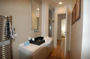 Shower, hydromassage showerhead, free toiletries, hair dryer