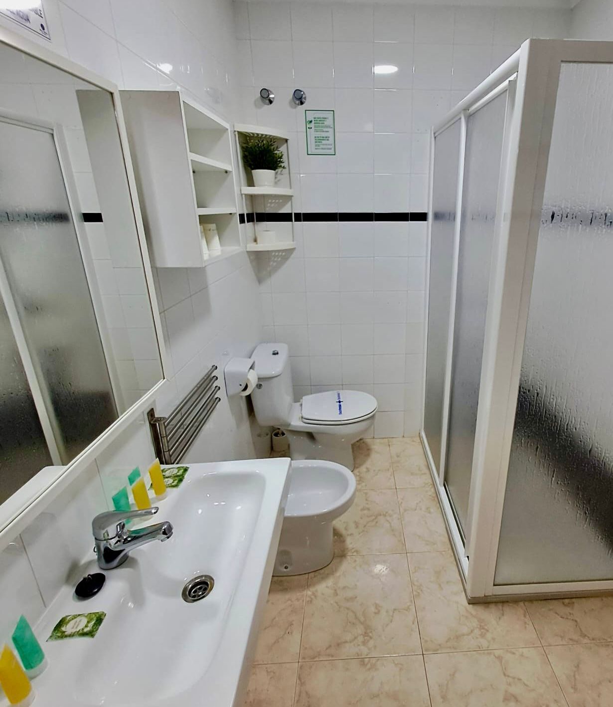 Een badkamer met een wastafel, toilet en douche.