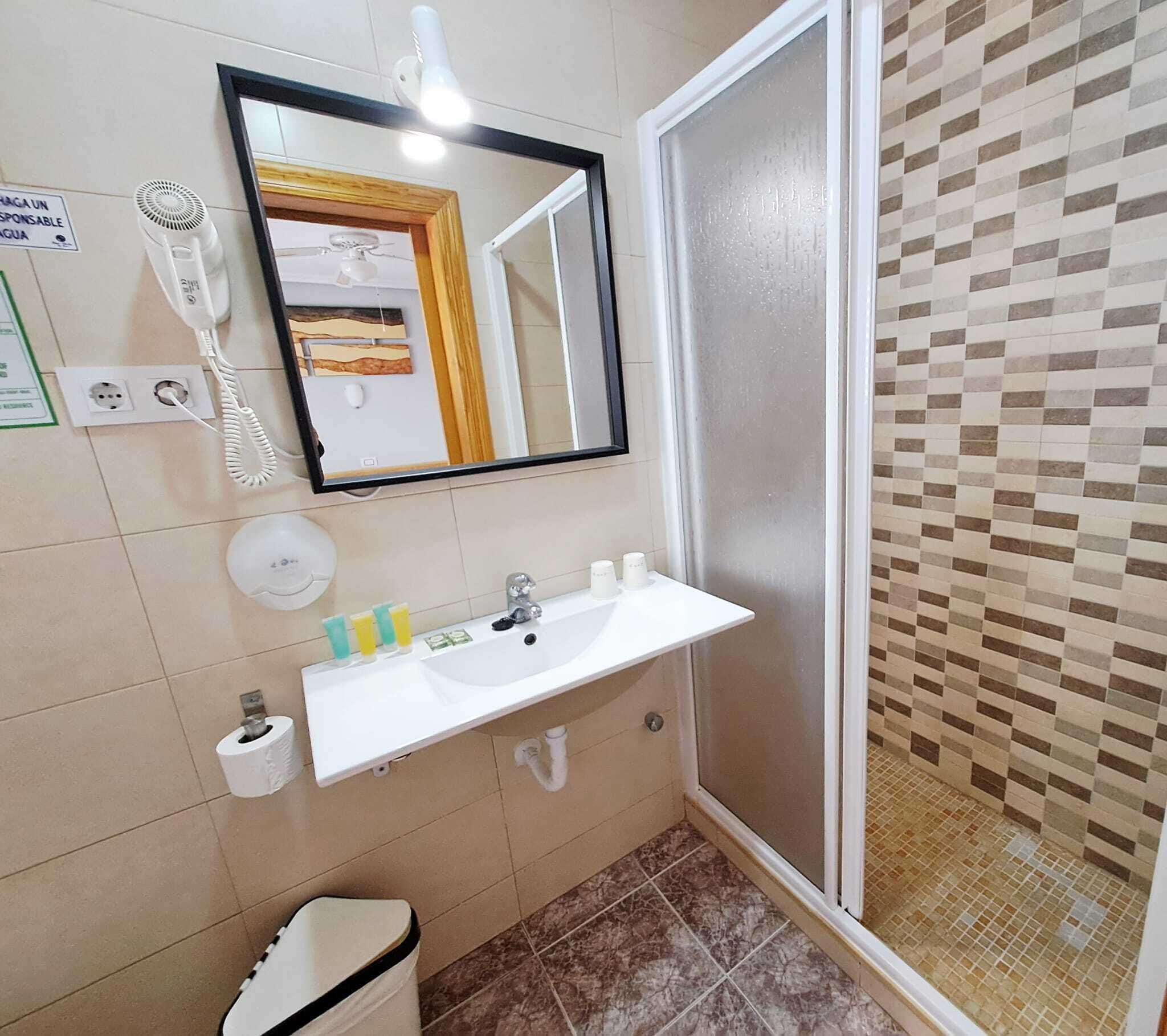 Een badkamer met een wastafel, spiegel, toilet en douche.