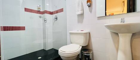 Un bagno con il water, un lavandino e una doccia.