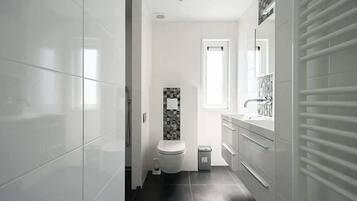 A modern bathroom with a toilet, sink, and mirror.