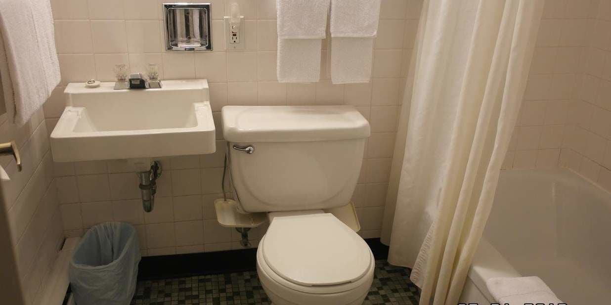 A bathroom with a toilet, sink, and shower curtain.