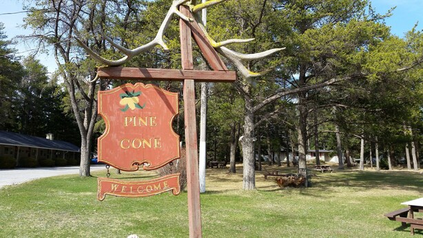 A welcome sign at Pine Cone campground with picnic tables and cabins in the background. - Pine cone Motel (Penobsquis)