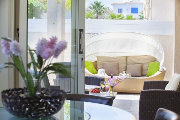 Villa, 3 Bedrooms (Michelle 7) | Living area | Plasma TV, DVD player - Protaras Villas Michelle (Paralimni)