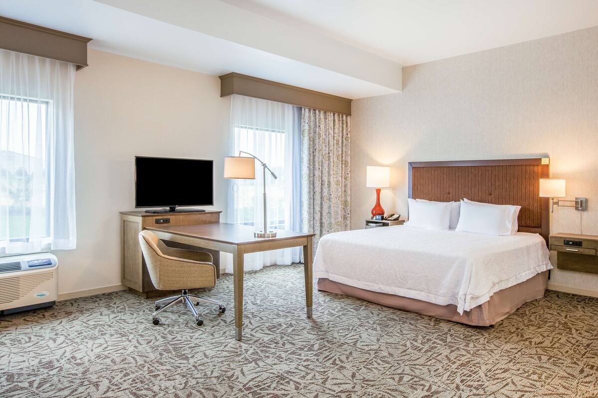 A hotel room with a bed, desk, chair, television, lamps, and an air conditioner.