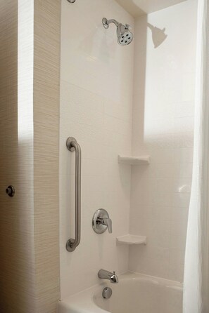 Shower, hydromassage showerhead, free toiletries, hair dryer