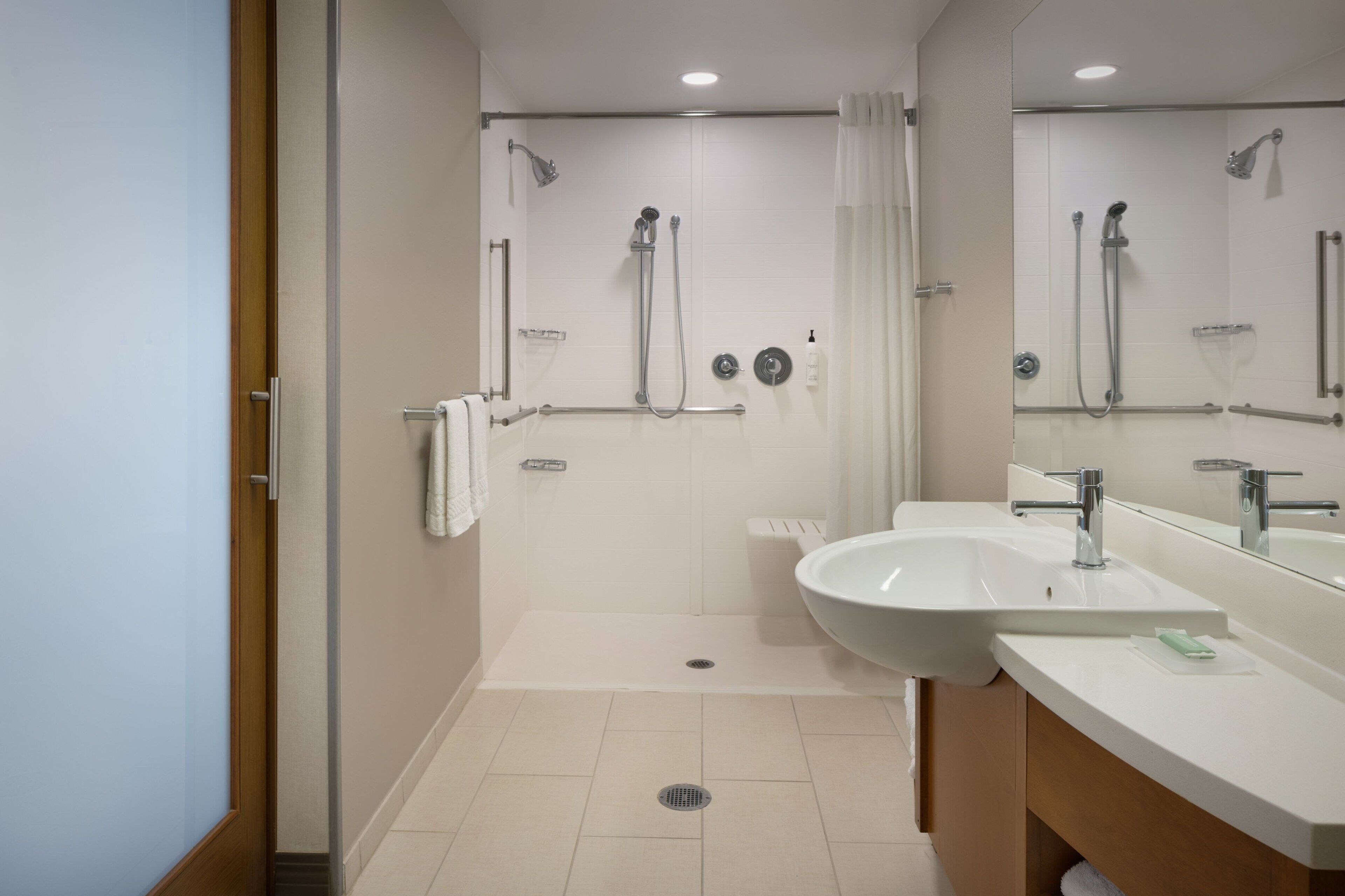 A modern bathroom with a shower, a sink, and a mirror.