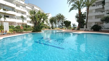 Indoor pool, outdoor pool, open 9:00 AM to 8:00 PM, pool loungers