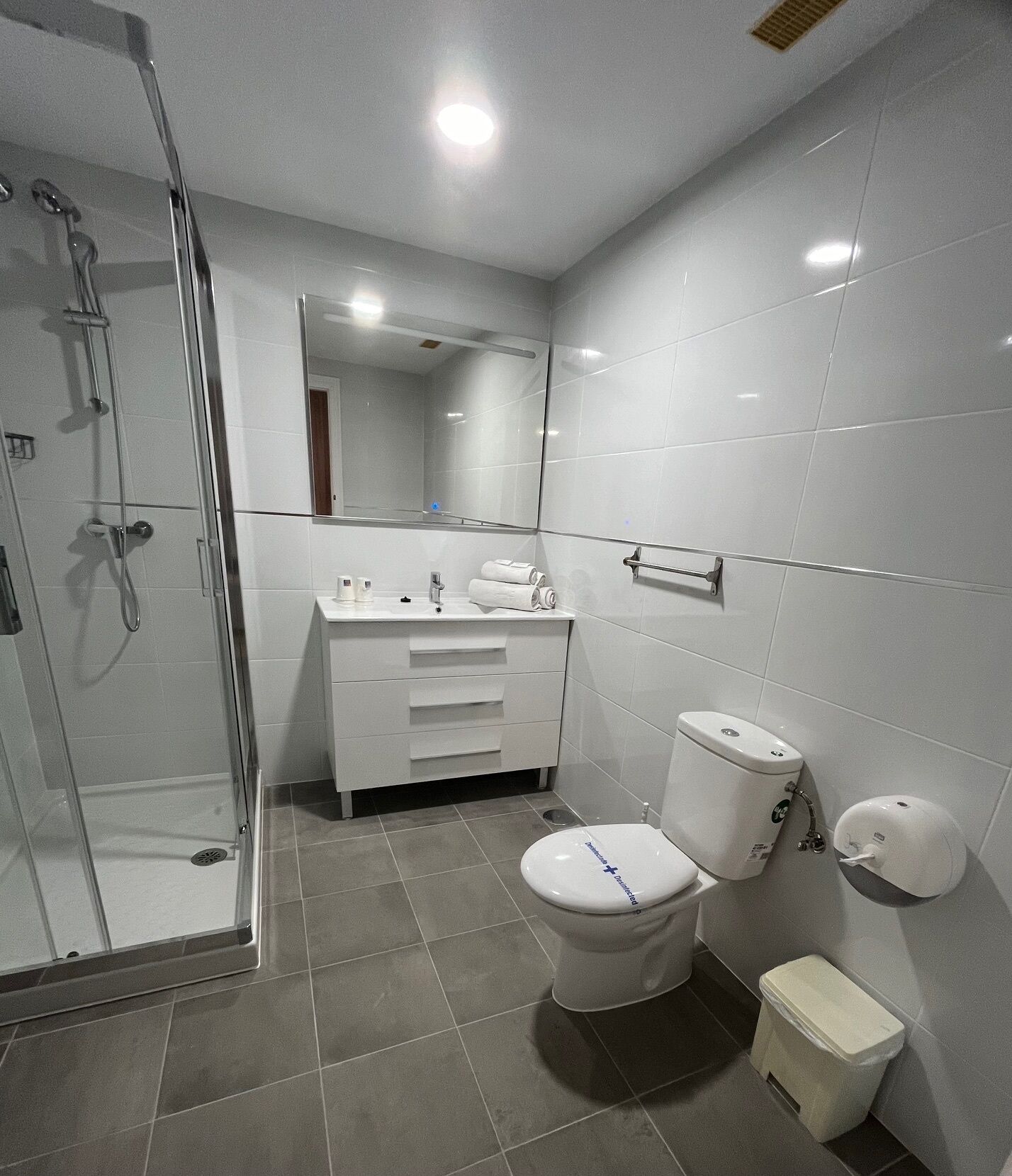A modern bathroom with a glass shower enclosure, a white toilet, and a vanity with a mirror.