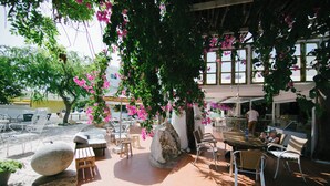 An outdoor patio area with stone seating, a large rock, and a tree with pink flowers. - Gorgona Studios (Rhodes)