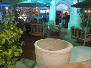 Un espacio interior con mobiliario de madera, una planta grande y una barra de fondo.