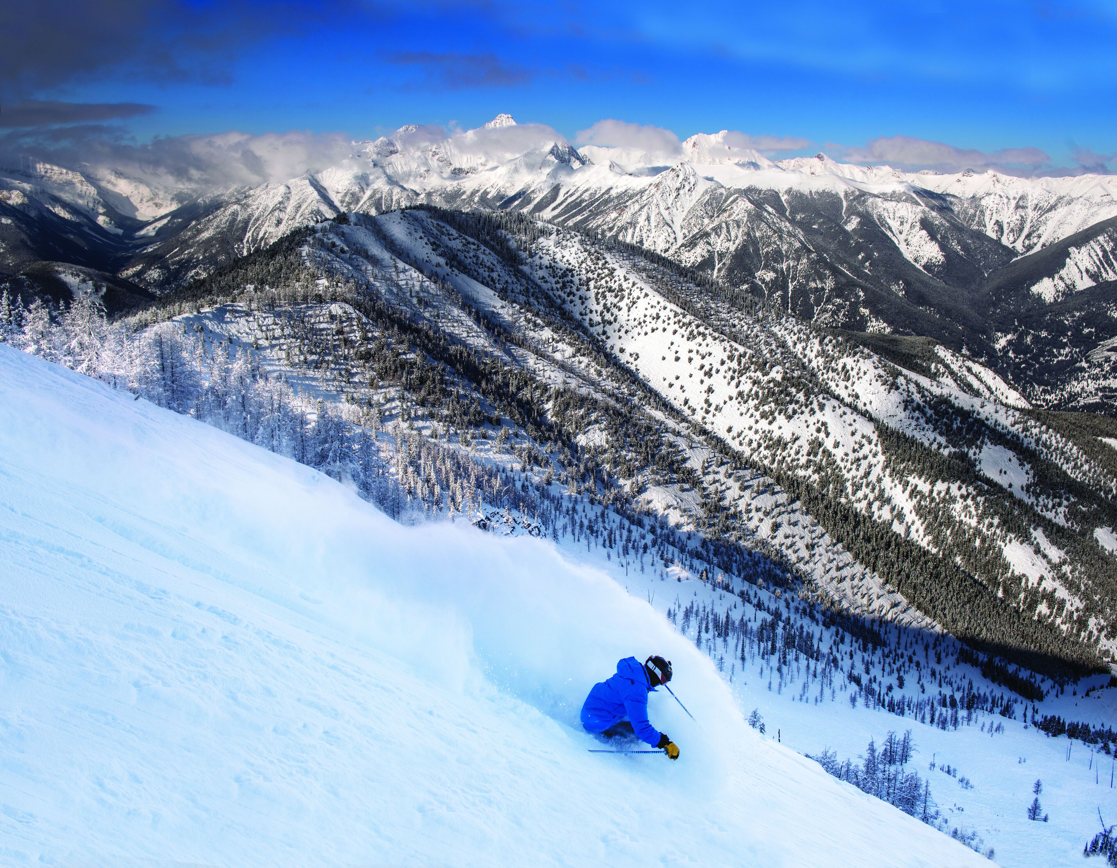A skier on a snowy mountain slope with a backdrop of snow-covered peaks and forested valleys.