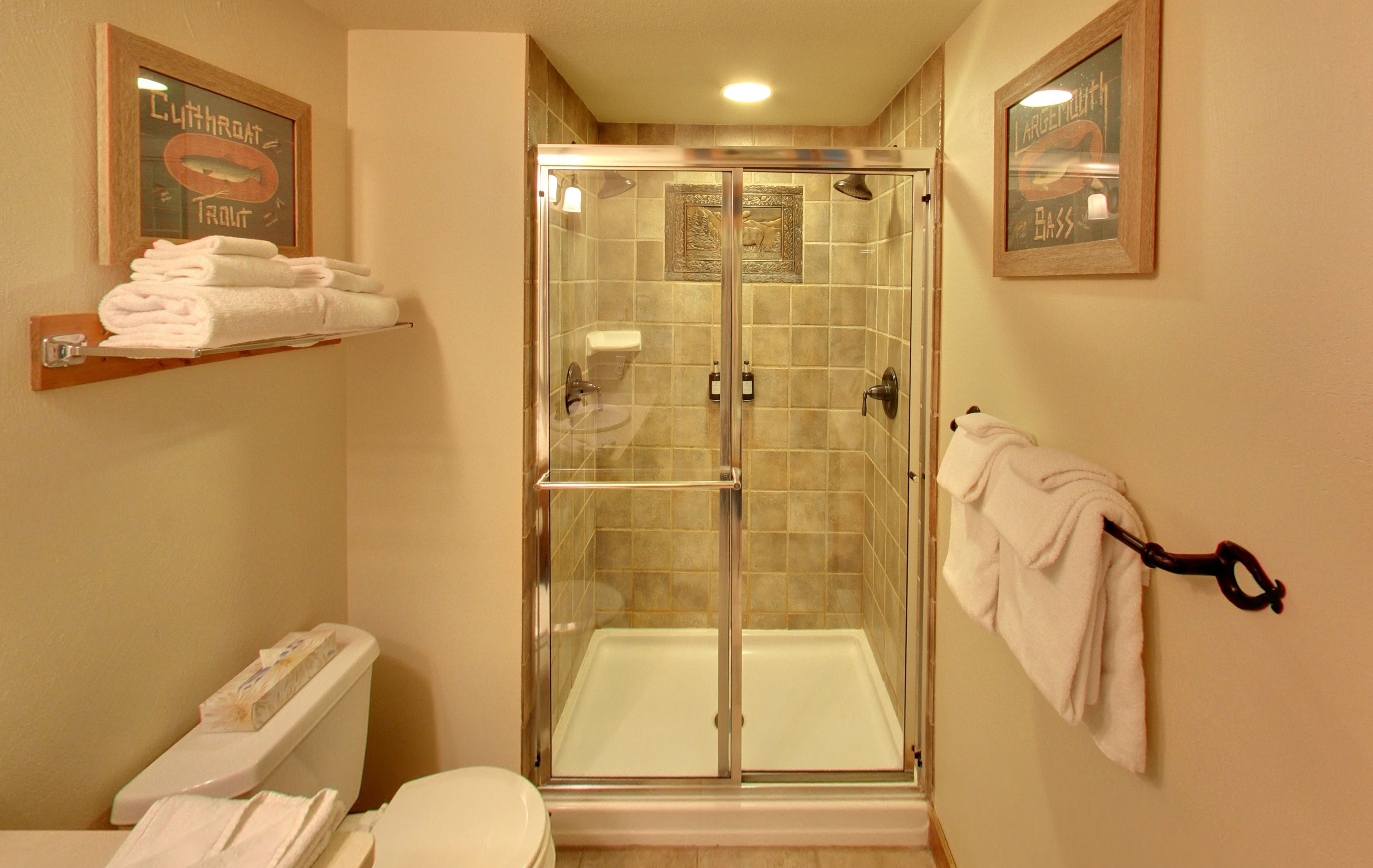 Cabina de ducha con paredes de vidrio, una bañera blanca, un inodoro y un perchero con toallas.