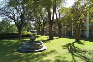 Un cortile con una fontana, alberi e un edificio con numerose finestre.
