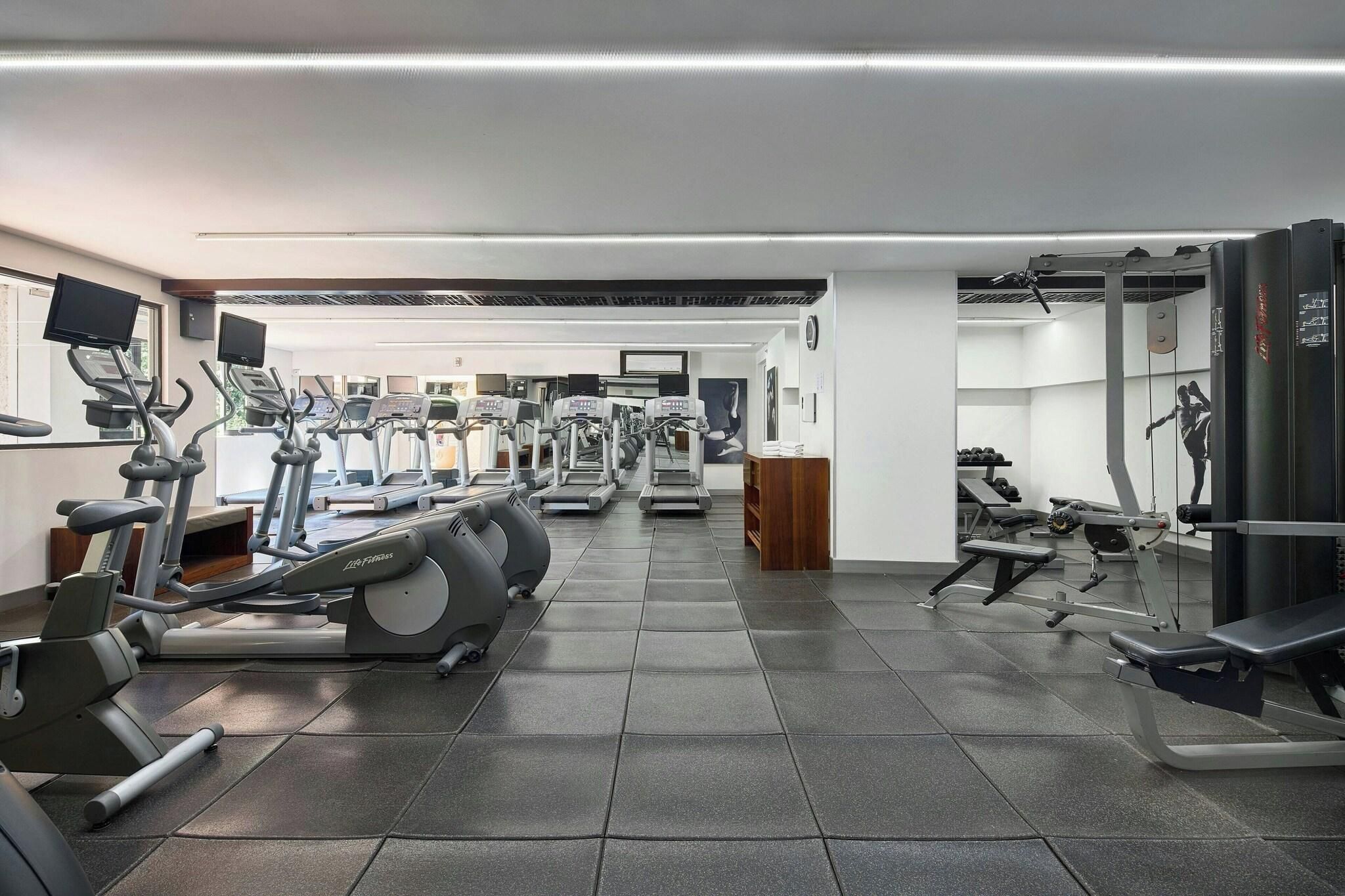 Un gimnasio con cintas de correr, elípticas y equipo de levantamiento de pesas.