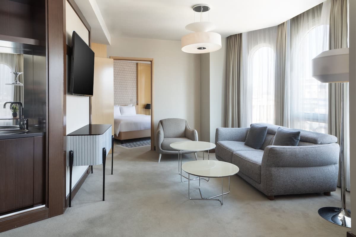 premier suite, 1 bedroom | living area | 48-inch smart tv with satellite channels, tv, pay films