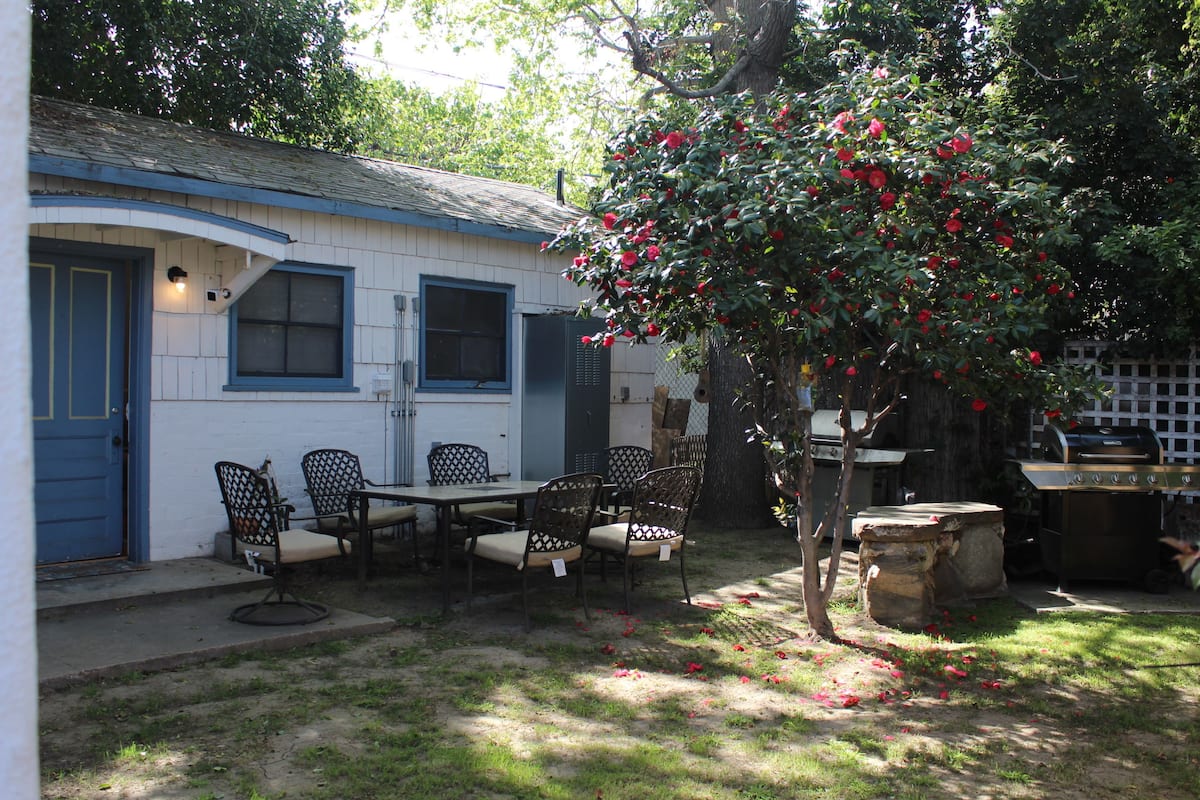 Una casa pequeña con puerta y ventanas azules, un patio con mesa y sillas, y un árbol con flores rojas.