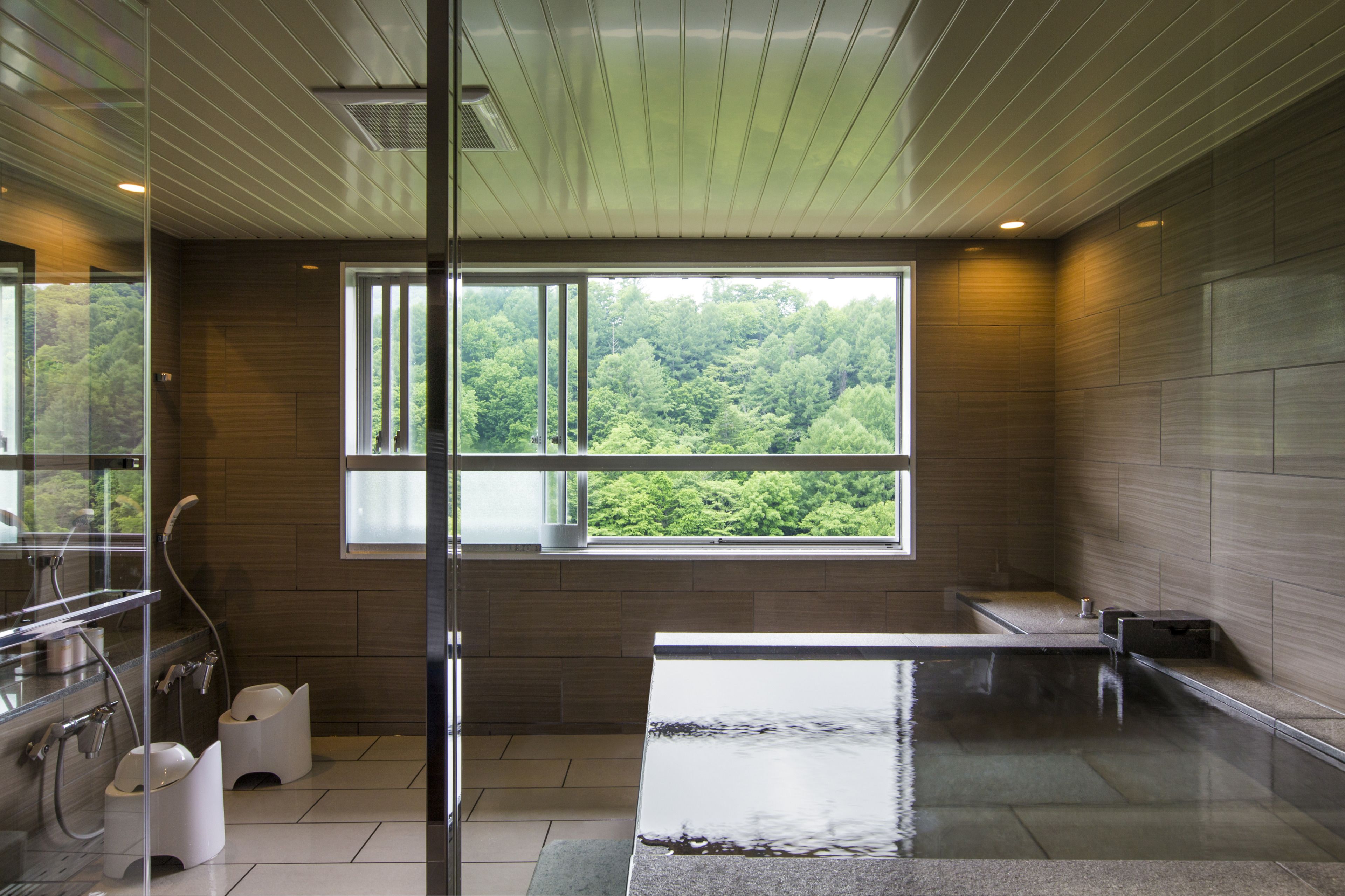 A modern bathroom with a large window, a bathtub, and a shower area.