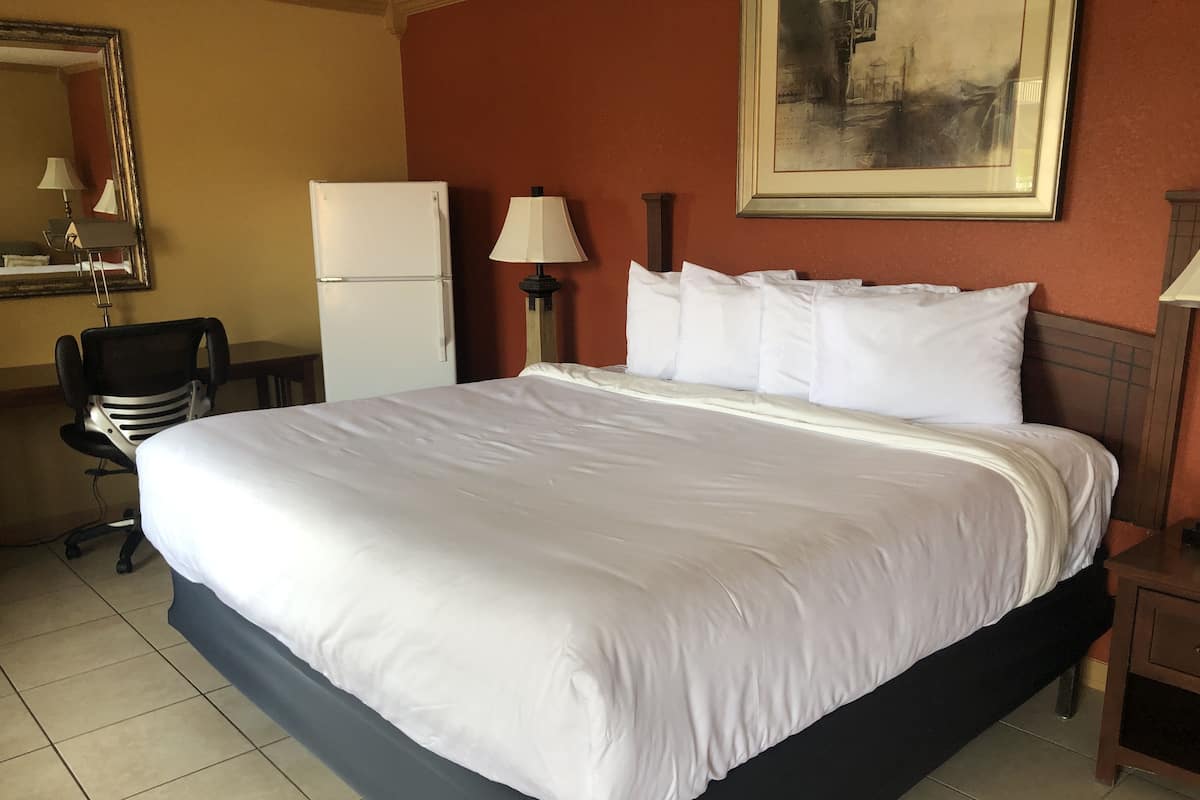 Una habitación de hotel con una cama grande, un escritorio con silla, un refrigerador, una lámpara y un cuadro en la pared.