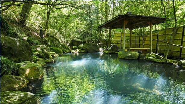 A serene outdoor hot spring surrounded by rocks and lush greenery. - Nasu Onsen Sanraku (Nasu)