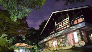 A modern building with a large balcony, surrounded by trees and under a starry night sky.