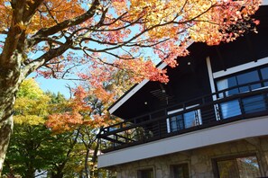 A modern building with a stone facade and a balcony overlooking a tree with autumn foliage. - Hotel Daisen Shirogane (Daisen)