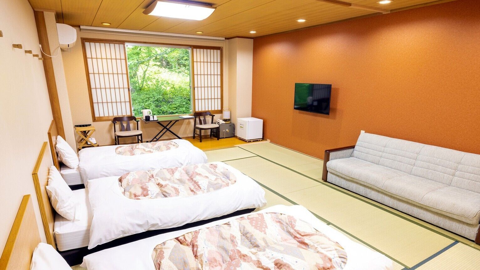 Ein Hotelzimmer mit zwei Betten, einem Sofa, einem Fernseher und Blick auf Grün durch das Fenster.