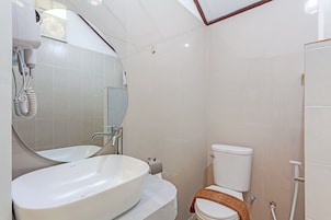 Un baño con un lavamanos ovalado grande, un inodoro y un espejo.