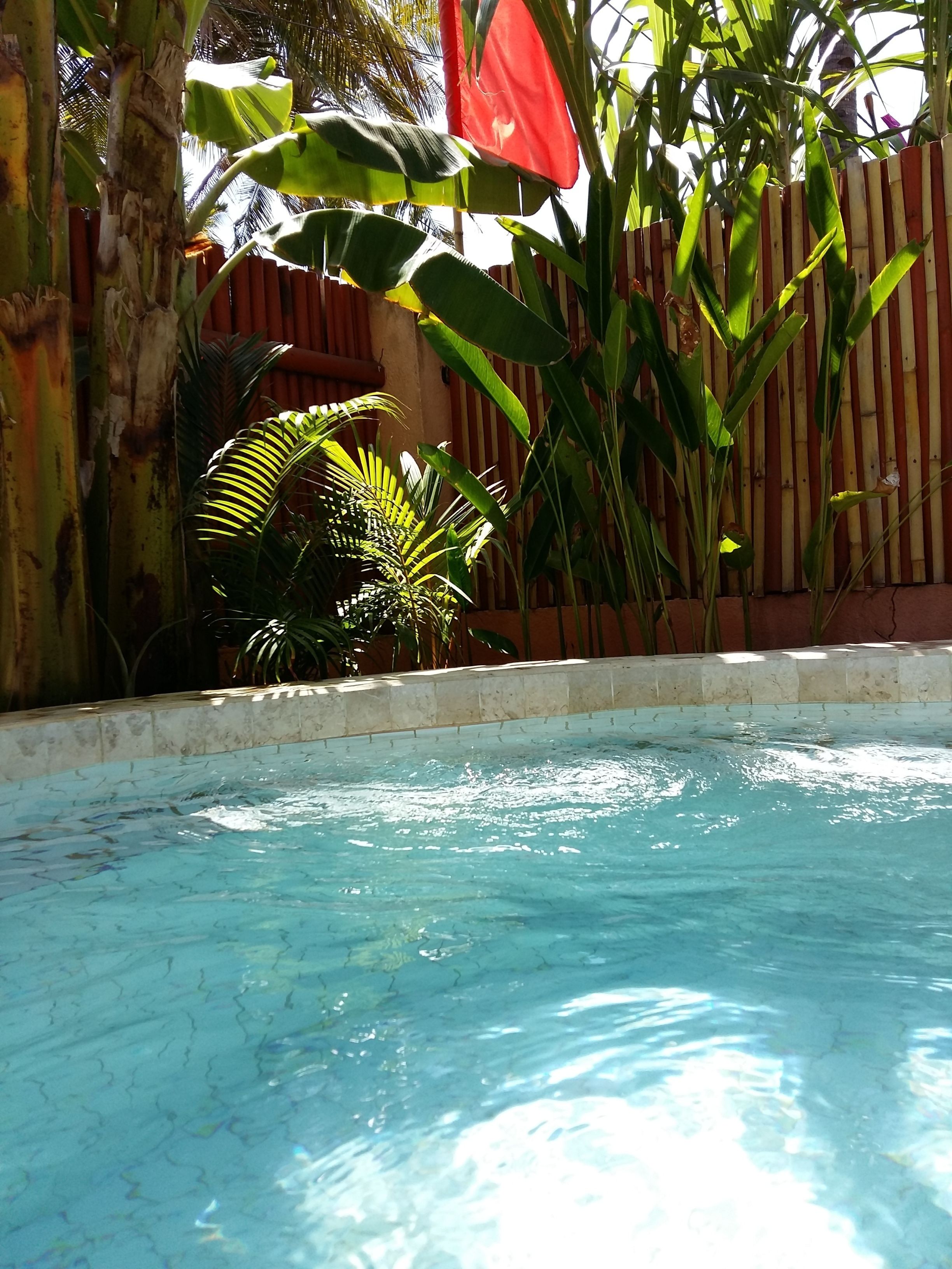 Kolam renang indoor, dengan payung kolam renang dan kursi berjemur
