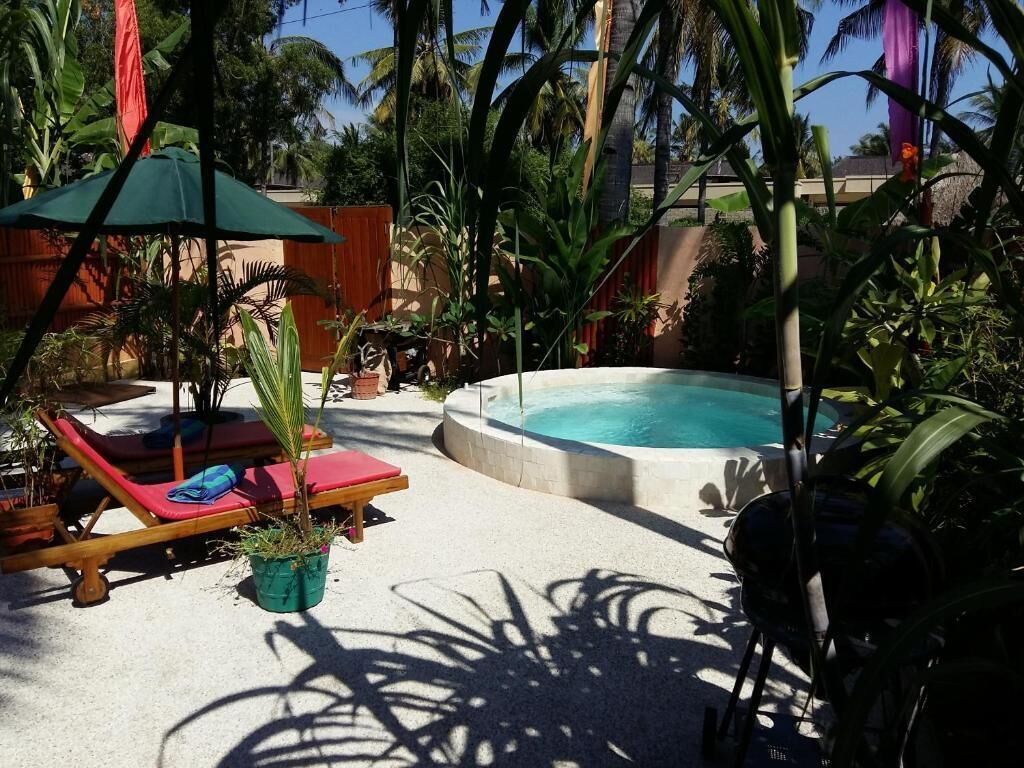 A pool area with lounge chairs and umbrellas, surrounded by tropical plants.