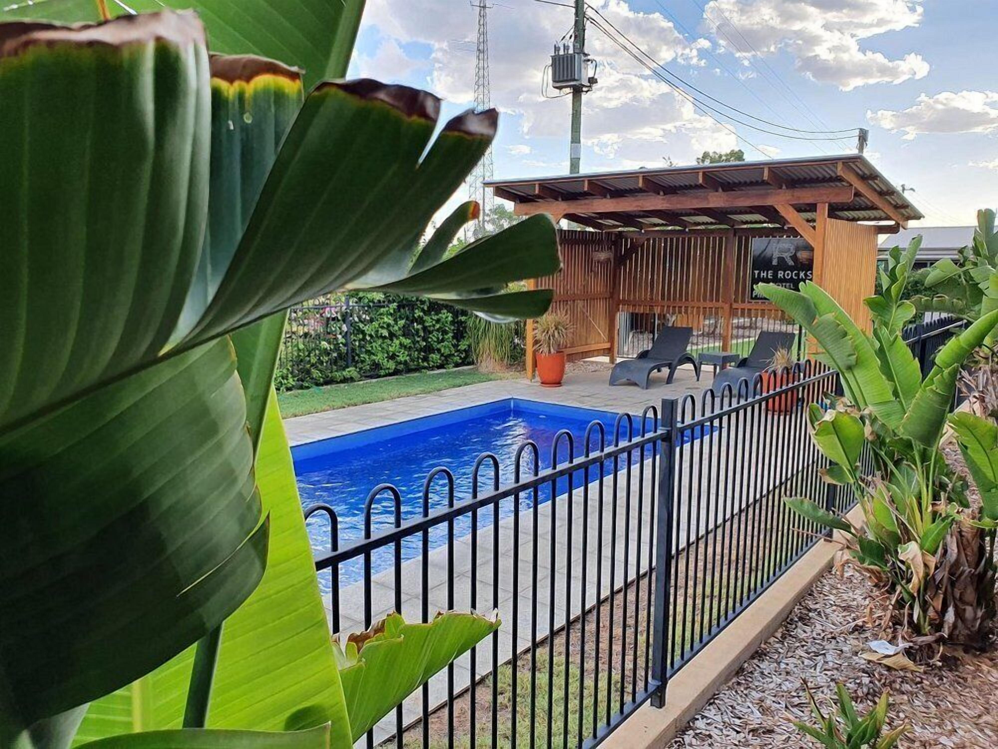 A swimming pool with a wooden deck and lounge chairs, surrounded by a metal fence and tropical plants.