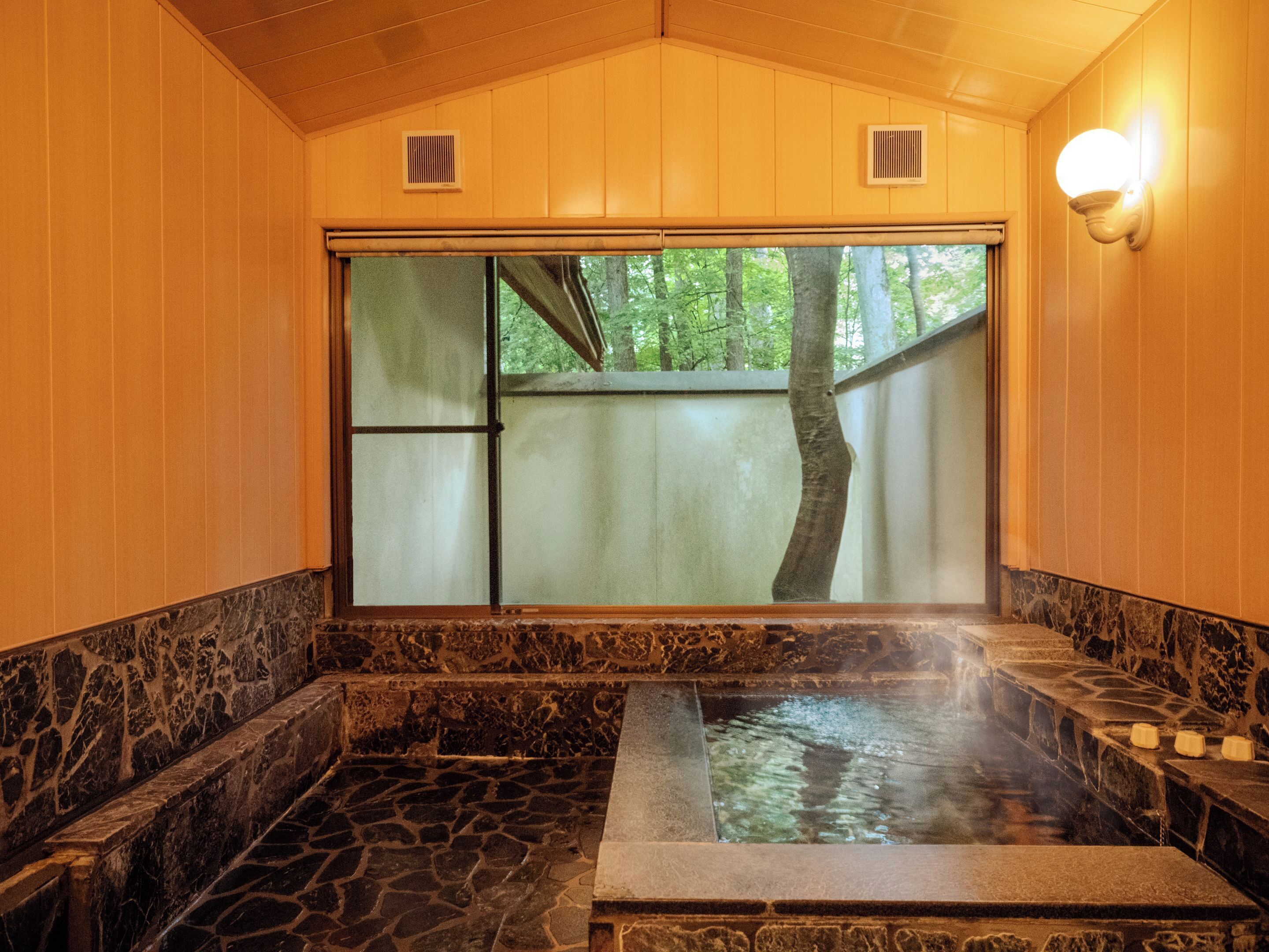A hot spring bath with stone walls and a view of trees outside.