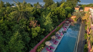 Une piscine entourée de chaises longues et de parasols, bordée d’une végétation luxuriante et offrant une vue sur l’océan.