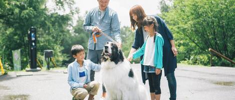 Uma família com um cão grande em um ambiente ao ar livre, com vegetação ao fundo.